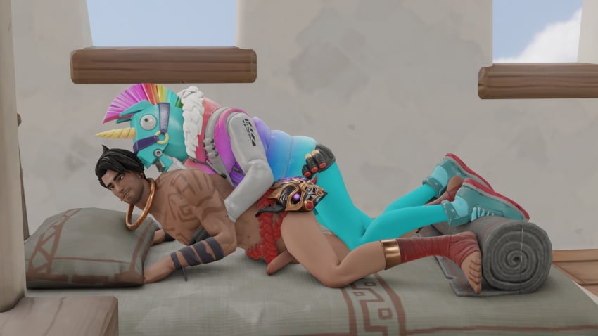 3d anthro_penetrating_human beard blender eyes_rolling_back feet fortnite furry gay half-dressed hugging_from_behind llama llambro_(fortnite) lying_on_person muscular_male raz_(fortnite) smiling tattoos yaoi