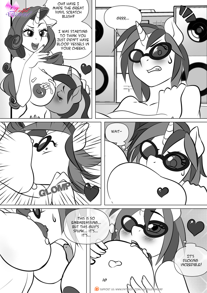 anthro anthrofied areola big_breasts blush bodily_fluids breast_lick breast_play breasts colgate_(mlp) comic cum cum_on_breasts dialogue english_text equid equine eyewear female female/female friendship_is_magic genital_fluids group hasbro heart hi_res horn licking licking_cum mammal my_little_pony nipples nude page_10 pia-sama rarity_(mlp) straight_hair sunglasses text tinted_eyewear tongue tongue_out trio unicorn vinyl_scratch_(mlp)