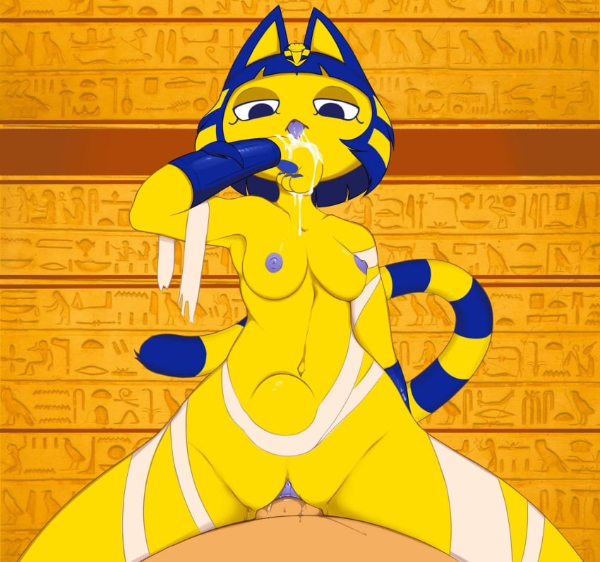 animal_crossing ankha ankha_ride_(minus8) anthro bandage breasts cowgirl_position domestic_cat duo felid feline felis female first_person_view from_front_position genitals hand_lick hi_res human human_on_anthro interspecies looking_at_viewer male male/female male_human/female_anthro male_on_anthro male_pov mammal mostly_nude nintendo on_bottom on_top penetration pov pussy sex stomach_bulge sura-b-mob tongue tongue_out unfazed_by_stomach_bulge unseen_male_face vaginal_penetration video_games