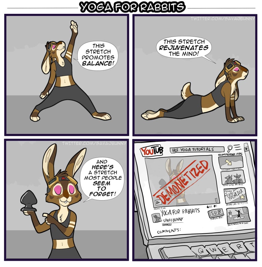 2021 absurd_res anthro biped bottomwear brown_body brown_fur buttplug closed_eyes clothed clothing comic computer demonetized dialogue english_text eyewear fur goggles hi_res holding_buttplug holding_object holding_sex_toy humor lagomorph laptop leporid male mammal paws plug_(sex_toy) rabbit savaj savaj_bunny sex_toy solo speech_bubble text topwear url yoga youtuber