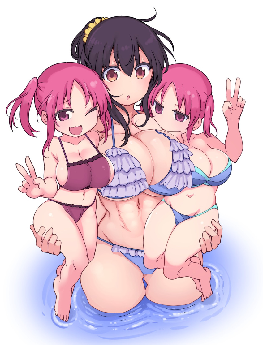 3girls big_breasts black_hair breasts brown_eyes cool-kyou_shinja huge_breasts komori-san_wa_kotowarenai! komori_shuri multiple_girls pink_hair shortstack smaller_female twins