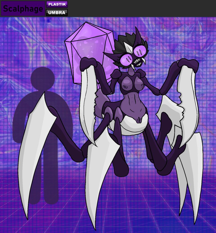 animal_humanoid anthro arthropod arthropod_humanoid bacteriophage_(organism) claws female hi_res humanoid insect_humanoid insects mantis mantis_humanoid monster_girl_(genre) purple_background purple_body rottentuttifrutti sharp_claws sharp_fangs sharp_teeth simple_background solo teeth virus_(organism)