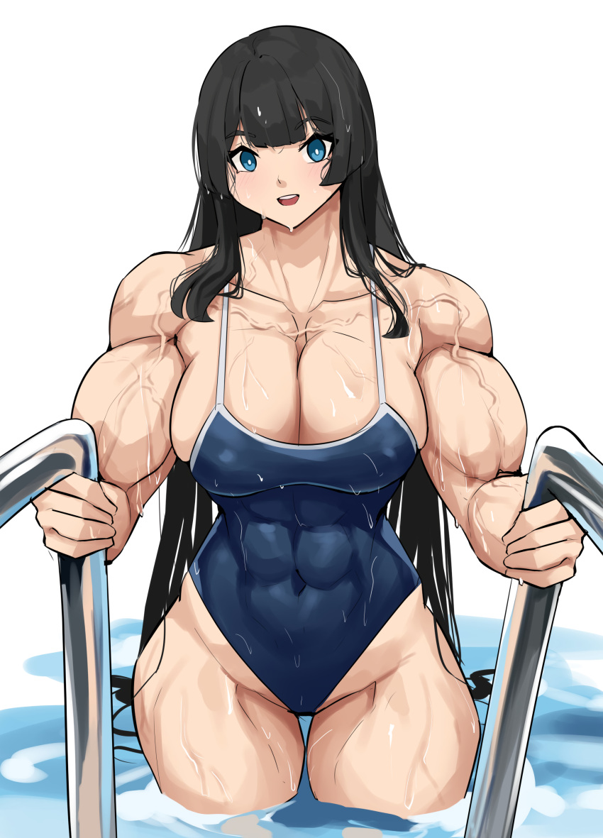 1girls abs bare_shoulders black_hair blue_eyes breasts busty cleavage female getting_out_of_pool happy large_breasts long_hair looking_at_viewer muscle muscles musctonk muscular_female muscular_thighs smile smiling solo swimming_pool swimsuit thick_thighs veins veiny_muscles wet