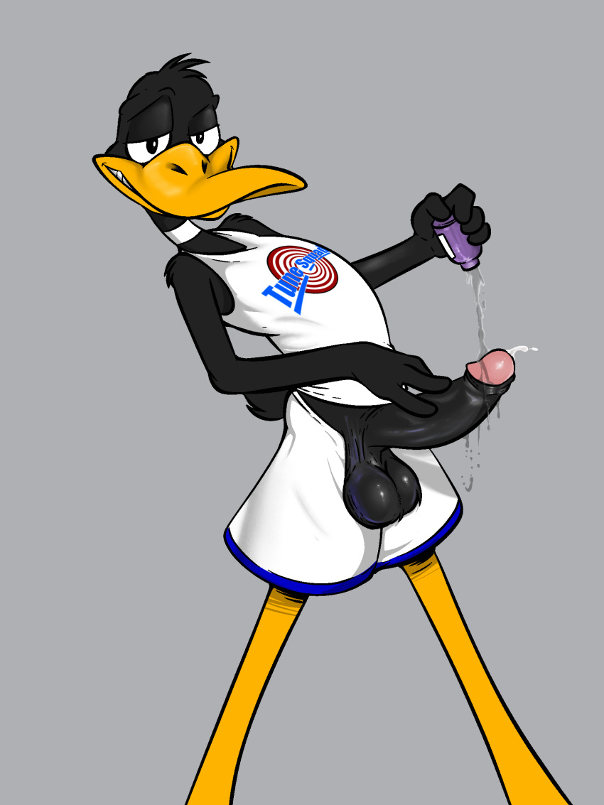 anatid anseriform anthro avian balls basketball_uniform big_penis bird bodily_fluids clothing daffy_duck duck erection genital_fluids genitals hi_res illegaleel imminent_sex leaking_precum looney_tunes lube lube_bottle lube_on_penis male penis poking_out precum saggy_balls solo sportswear uniform warner_brothers