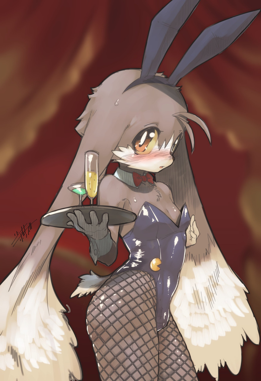 absurd_res alcohol anthro beverage blush bulge bunny_costume clothed clothing costume crossdressing detailed_bulge fake_ears femboy fishnet fishnet_legwear genital_outline girly hi_res klonoa klonoa_(series) legwear looking_at_viewer male penis_outline shaolin_bones solo video_games