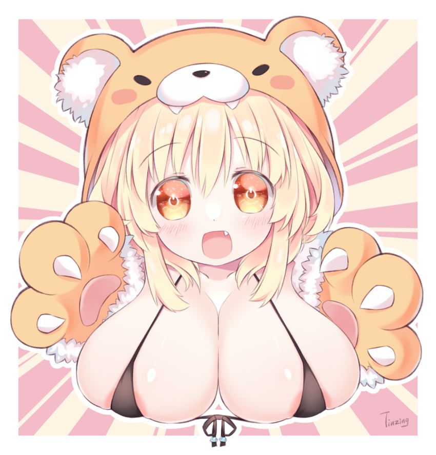 animal_ears areola_slip areolae bare_shoulders blonde_hair blush breasts eyebrows_visible_through_hair female gloves happy highres horns kami_jigen_game_neptune_v large_breasts long_hair neptunia_(series) oerba_yun_fang open_mouth orange_eyes peashy power_symbol skindentation smile solo symbol-shaped_pupils tinzing_saamzong yellow_heart_(neptunia)