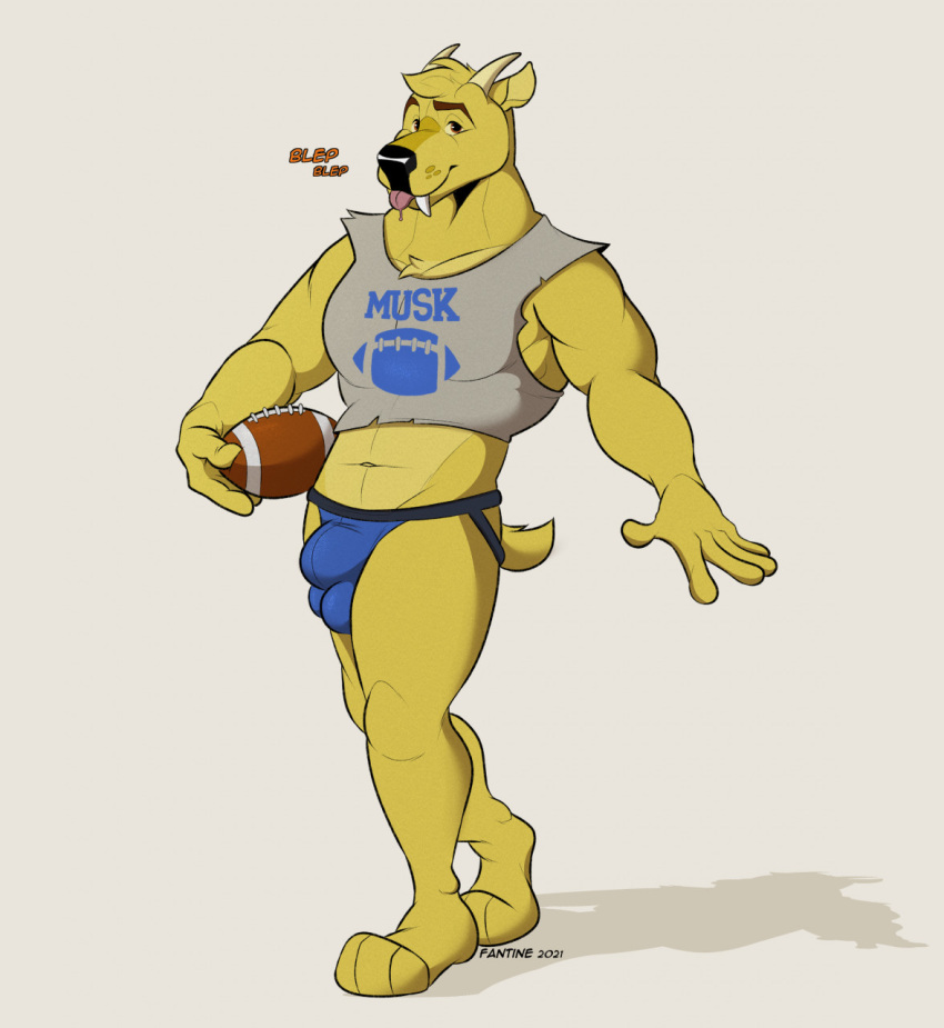 1boy 2021 5_fingers anthro ball balls_outline big_bulge black_nose blep blonde_hair blue_clothing blue_jockstrap blue_underwear brown_eyes bulge cervid cervine clothing crop_top dj_strap english_text fangs fantine fingers football_(ball) fur genital_outline hair hi_res horn jockstrap male male_only mammal muntjac muscular muscular_anthro muscular_male navel pose shadow sheath_outline shirt simple_background smile solo text tongue tongue_out topwear underwear whisker_spots yellow_body yellow_fur yellow_sclera