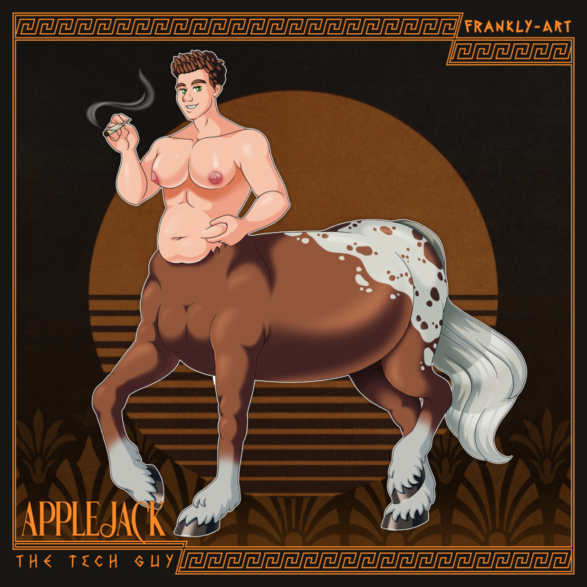 1:1 animal_genitalia appaloosa_(marking) applejack_(pholus_reborn) belly breasts centaur chubby_male drugs equid equid_taur equine frankly-art genitals hand_on_stomach hi_res hooves horse humanoid_taur male male_only mammal mammal_taur marijuana navel overweight overweight_male sheath smile smoke solo taur