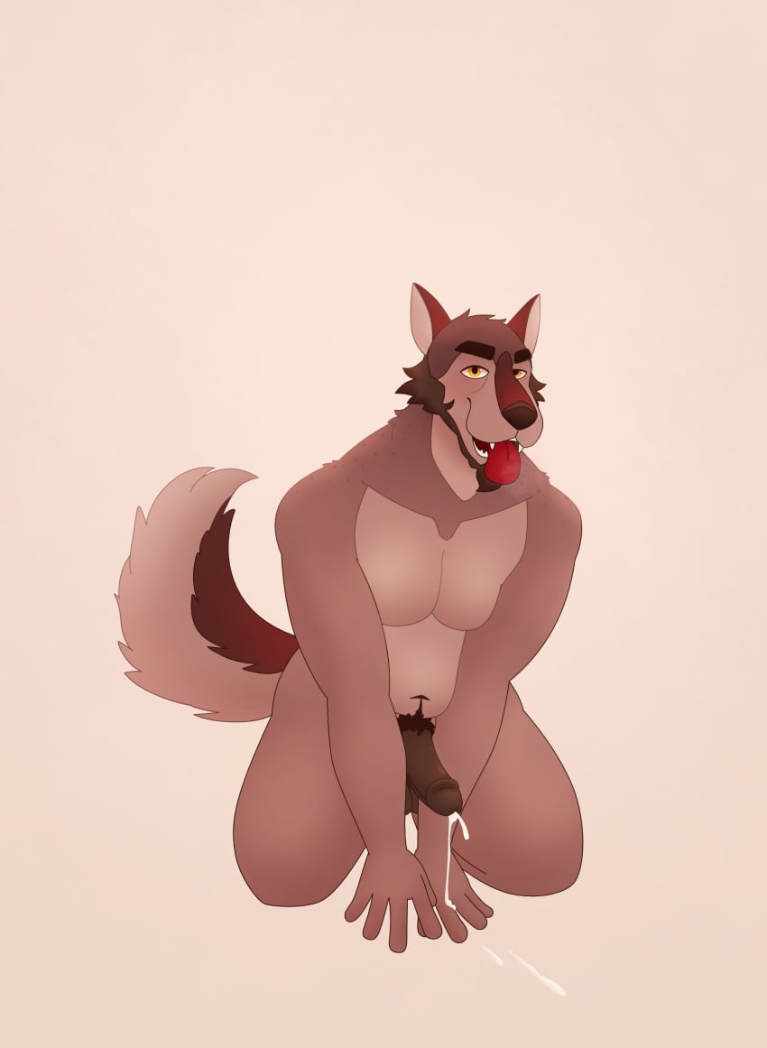 absurd_res anthro belly bodily_fluids canid canine canis cum cum_string genital_fluids genitals hi_res humanoid_genitalia looking_at_viewer male mammal muscular muscular_male olive_(olivepup_00) olivepup_00 penis pubes simple_background slightly_chubby solo tongue tongue_out wolf