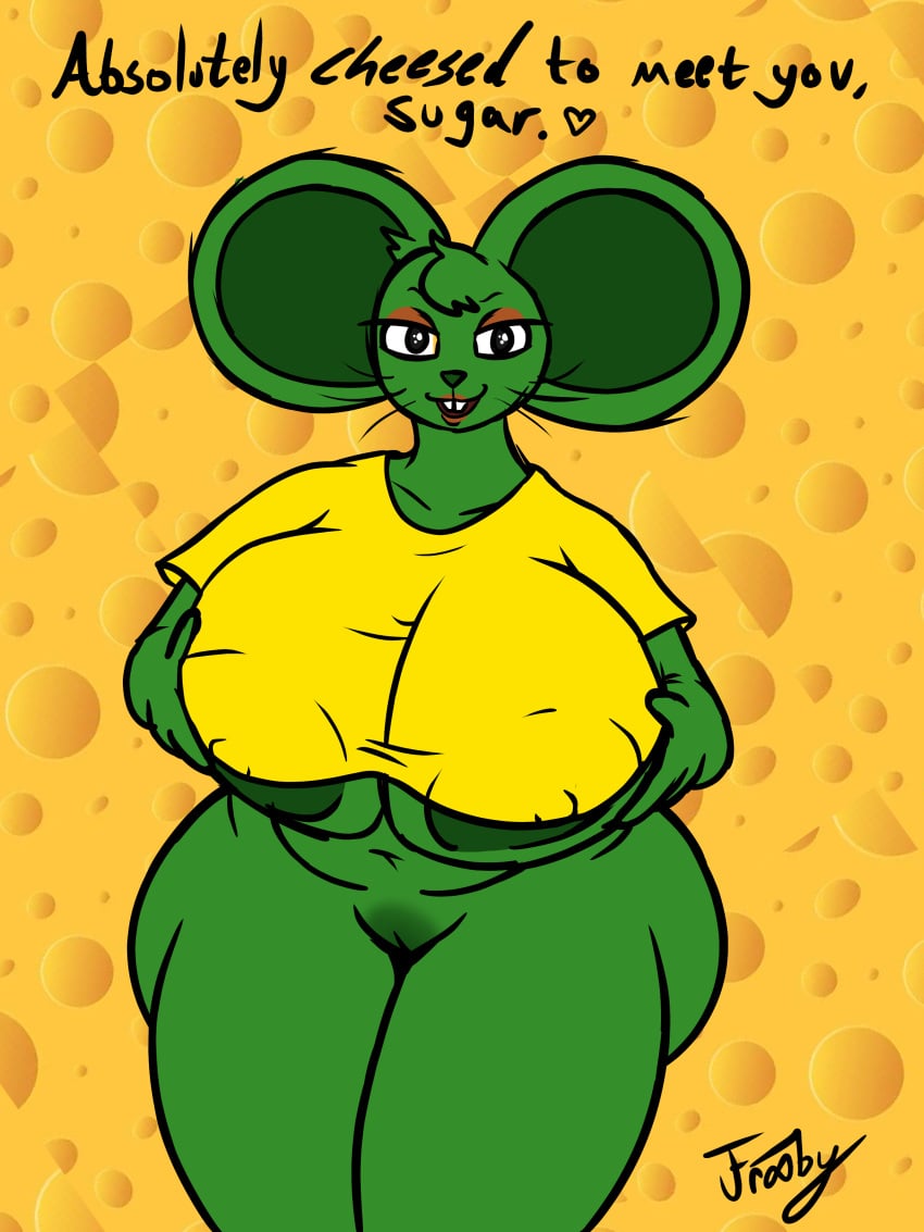 3:4 absurd_res anthro anthrofied areola big_breasts big_ears black_eyes breasts buckteeth cheese cheesed_to_meet_you chubby_female clothing dairy_products darkened_genitalia darkened_pussy eyelashes female food frooby fur genitals glistening glistening_eyes green_areola green_body green_fur groping_breasts groping_self head_tuft hi_res huge_breasts huge_thighs humor joke lips mammal meme mouse murid murine open_mouth orange_eyeshadow orange_lipstick pepe_the_frog pun pussy rodent shirt signature simple_background smile solo t-shirt teeth text thick_thighs topwear tuft whiskers