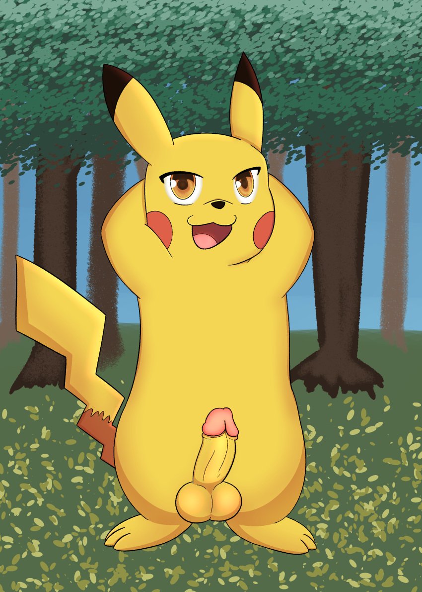 :3 absurd_res balls erection feral forest fur furry furry_only genitals hi_res humanoid_genitalia humanoid_penis includefireio leaf looking_at_viewer male male_only nintendo nude open_mouth paws penis pikachu plant pokémon_(species) pokemon presenting presenting_penis smile solo standing tail tree video_games yellow_body yellow_eyes yellow_fur