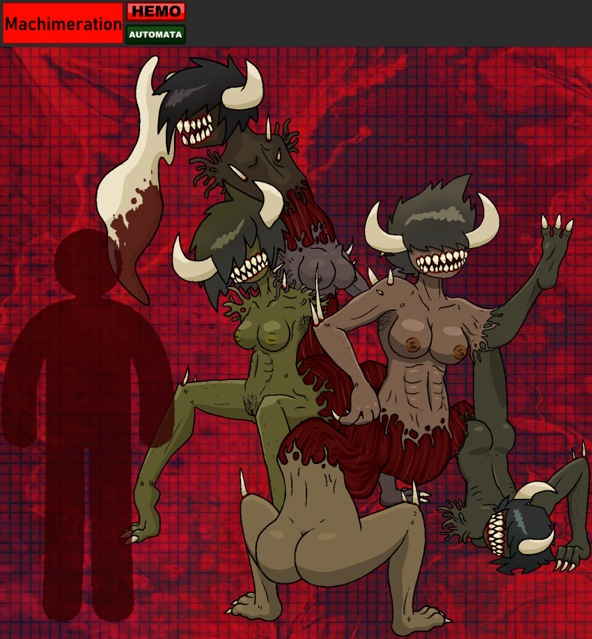 assimilation blood bodily_fluids body_horror claws exposed_muscle female flesh_creature flesh_golem group hi_res horn horned_humanoid humanoid monster monster_girl_(genre) nightmare_fuel rottentuttifrutti sharp_claws sharp_teeth teeth undead zombie