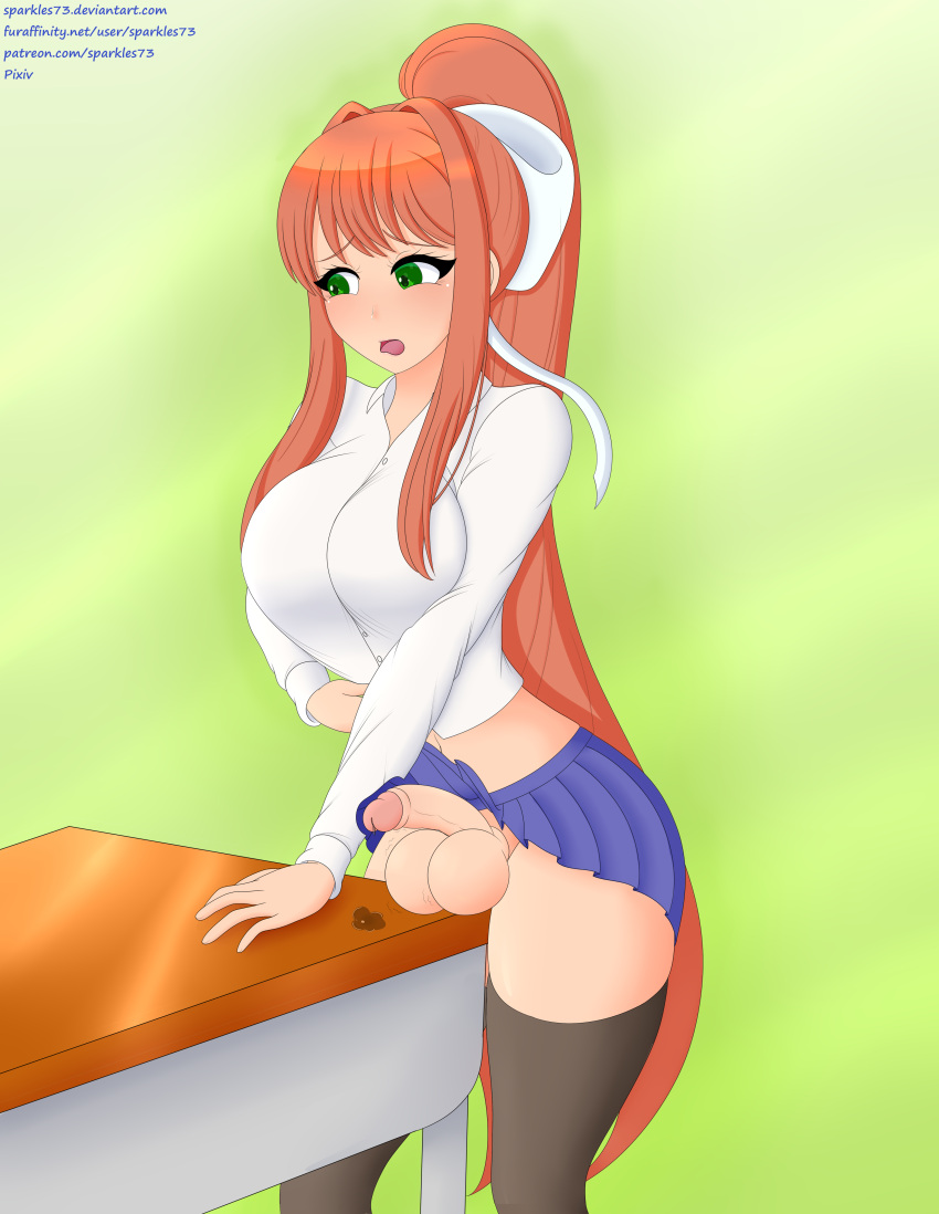 1futa balls big_balls big_breasts breasts clothed clothing desk doki_doki_literature_club futa_only futanari green_eyes human light-skinned_futanari light_skin long_hair masturbation monika_(doki_doki_literature_club) mostly_clothed oversized_balls pale_skin penis precum simple_background skirt skirt_lift skirt_up solo solo_futa sparkles73 standing table table_humping testicles thighhighs