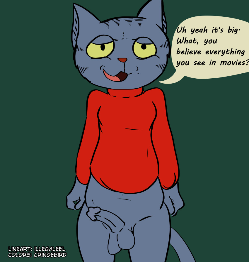 2021 absurd_res anthro anthro_male balls bottomless bottomless_male breaking_the_fourth_wall clothed clothing collaboration cringebird dialogue digital_media_(artwork) domestic_cat english_text feline fritz_the_cat fritz_the_cat_(character) fur furry furry_only genitals grey_fur hi_res illegaleel looking_at_viewer male male_only mammal open_mouth partially_clothed penis smile solo tagme tail talking_to_viewer text tongue topwear topwear_only