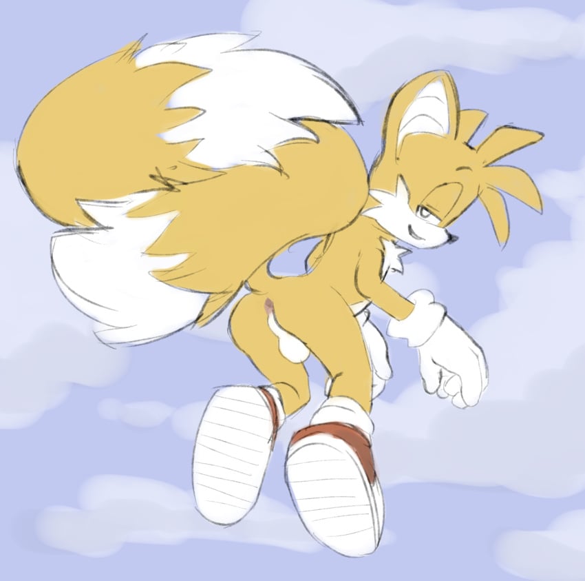 2_tails anthro anus backsack balls canid canine casual clothing exposed_torso flying footwear footwear_only fox genitals gloves gloves_only handwear handwear_only hi_res looking_at_viewer male mammal mostly_nude multi_tail perineum sega shoes shoes_only solo sonic_(series) sonic_the_hedgehog_(series) sunhuiz tails white_balls white_clothing white_gloves white_handwear