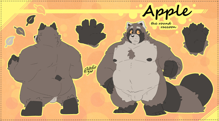 2021 absurd_res anthro apple_(zestibone) ass balls belly brown_body brown_fur english_text fur genitals hi_res humanoid_hands leaf male mammal model_sheet moobs nipples overweight overweight_male procyonid raccoon solo text zestibone