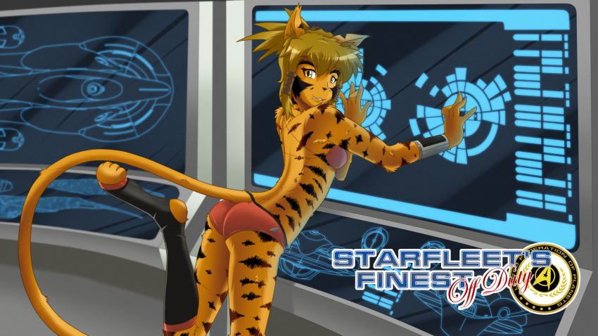 16:9 2014 alien anthro armpit_peek bikini caitian_(species) doug_boitoult feline female furry humanoid inner_ear_fluff k'rinn_(doug_boitoult) lcars looking_at_viewer orange_fur side_view solo standing star_trek star_trek_legacy starfleet_insignia stockings striped_fur tail text yellow_eyes