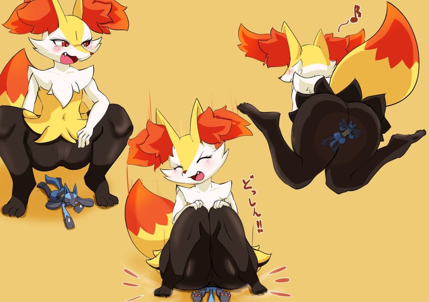 ambiguous_gender anthro arm_spikes ass big_butt black_body black_fur blue_body blue_fur blush braixen butt_crush cameltoe chest_spike closed_eyes dipstick_tail duo facesitting fangs female fur giantess hi_res inner_ear_fluff japanese_text large_ass larger_anthro larger_female lucario macro macro_female markings micro micro_abuse micro_ambiguous micro_on_macro mohuringal multicolored_tail musical_note navel neck_tuft nintendo nude open_mouth pokemon pokemon_(species) red_body red_eyes red_fur sat_on simple_background size_difference smaller_ambiguous smaller_anthro smile speed_lines spikes spikes_(anatomy) tail_markings text thick_thighs translated tuft video_games white_body white_fur yellow_body yellow_fur