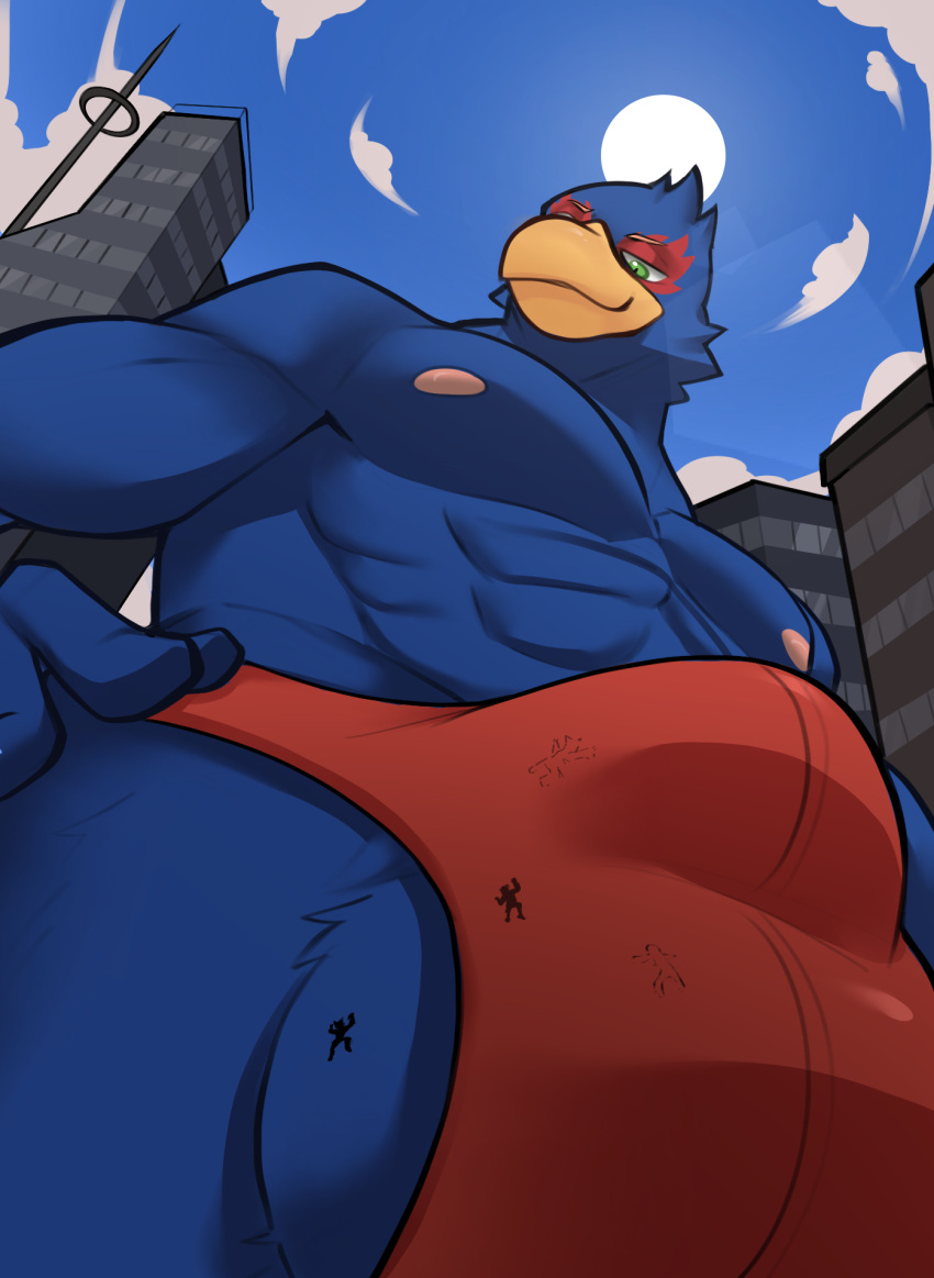 2021 anthro avian balls bird blue_body bulge city clothing falco_lombardi genital_outline genitals hi_res looming low-angle_view macro male male_only nintendo rygel_spkb solo speedo star_fox swimwear video_games worship