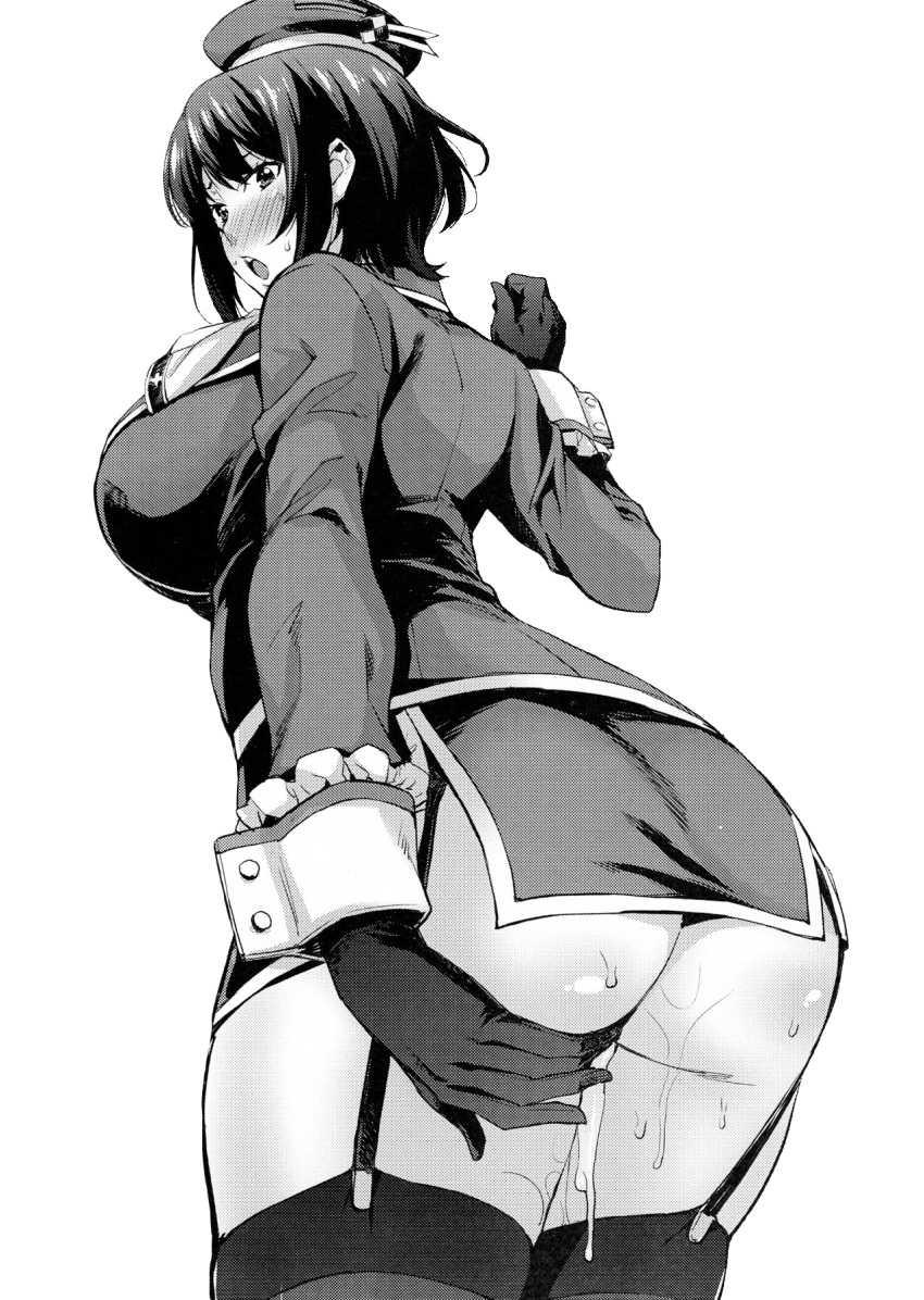 black_and_white blush cum_leaking exposed_ass kantai_collection large_ass large_breasts looking_at_viewer presenting_hindquarters render short_hair solo_female takao_(kantai_collection) takurou thick_thighs thighhighs uniform white_background