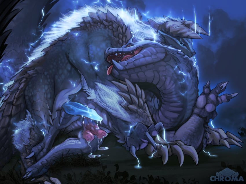 4:3 animal_genitalia animal_penis blue_penis capcom chromamancer claws digitigrade diphallia diphallism dragon electricity erection fanged_wyvern feral feral_on_feral finger_claws fur genitals hemipenes hi_res horn male male/male monster_hunter multi_genitalia multi_penis nude penis pink_penis scales scalie shaded tobi-kadachi toe_claws tongue tongue_out video_games zinogre