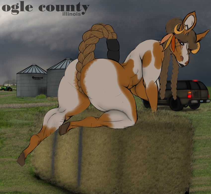 1girls anthro bent_over big_breasts big_butt breasts butt equine farm female female_focus female_only haybale horse isazicfazbear nude_female outside presenting tagme