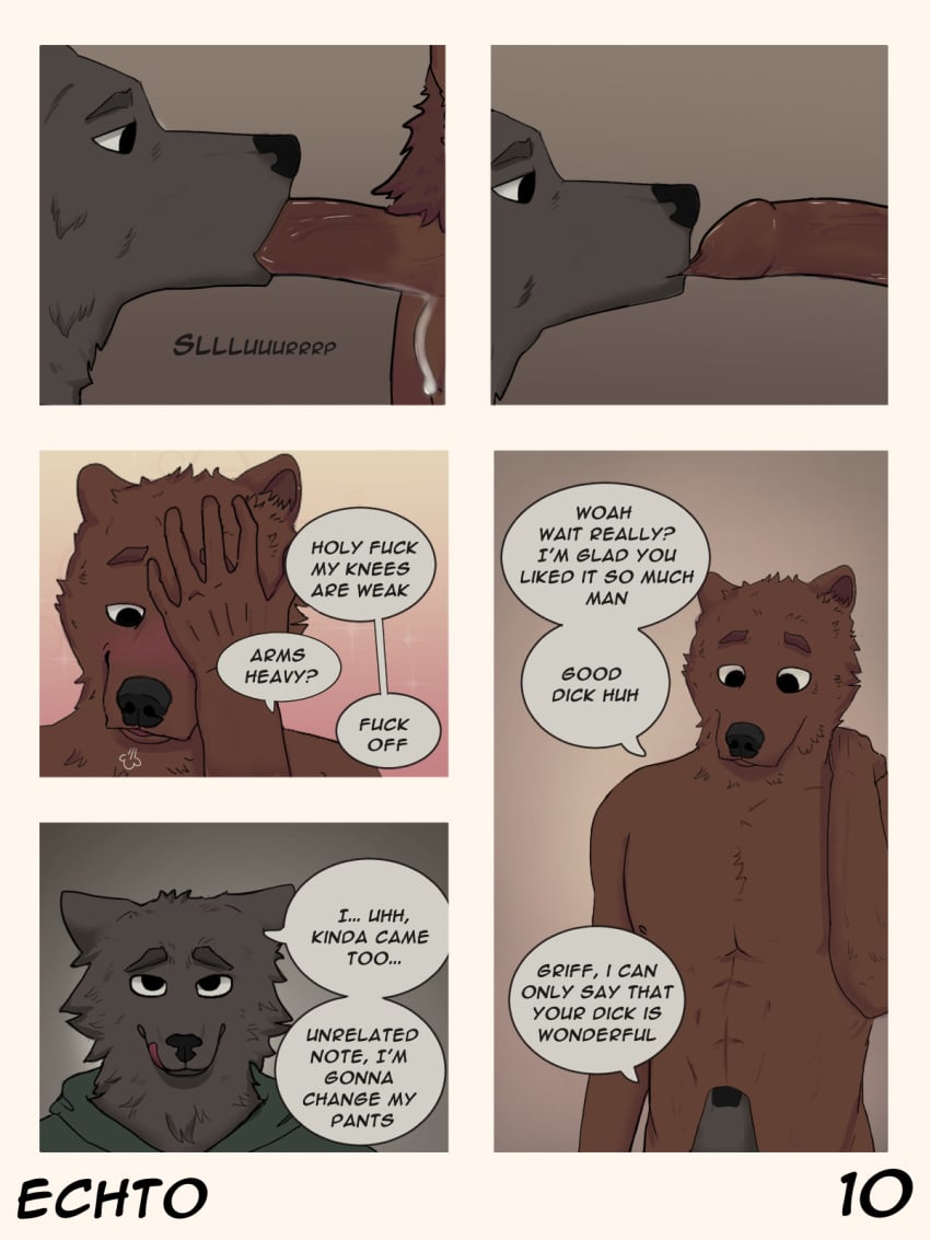 3:4 anthro balls blush bodily_fluids canid canine canis clothed clothed/nude clothing comic cum cum_on_balls dialogue duo echto embarrassed english_text foreskin foreskin_play genital_fluids genitals hi_res humor male male/male mammal nude oral penis profanity text tired ursid wolf