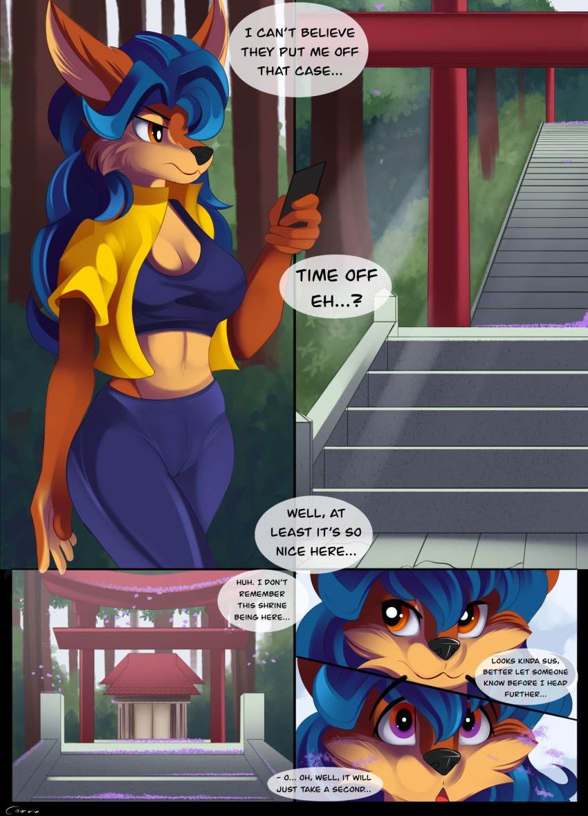absurd_res anthro black_nose blue_hair breasts brown_body brown_fur canid canine carmelita_fox cellphone cleavage clothed clothing comic conrie crop_top english_text female forest fox fur hair hi_res hypnosis mammal midriff mind_control navel phone plant shirt shrine sly_cooper_(series) smooth_fur solo sony_corporation sony_interactive_entertainment sucker_punch_productions text tight_clothing topwear tree video_games