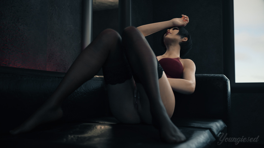 1girls 3d 4k ada_wong ada_wong_(adriana) black_hair blender bottomless capcom couch exposed_pussy fingering highres large_ass large_breasts light-skinned_female masturbation no_panties red_dress resident_evil resident_evil_2 resident_evil_2_remake solo_focus thick_thighs thighhighs wide_hips youngiesed