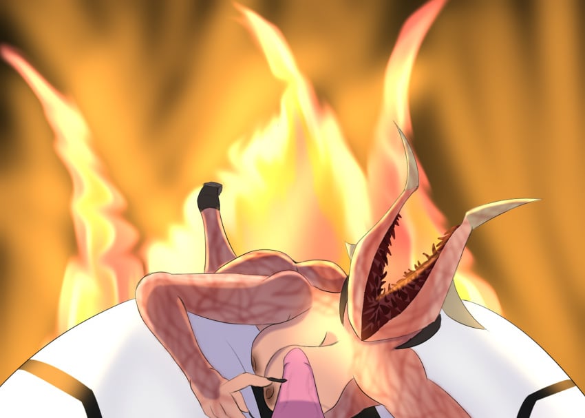 1girls agony_(series) demon duo female fire first_person_view genitals hi_res male male/female male_pov monster onoskelis penis