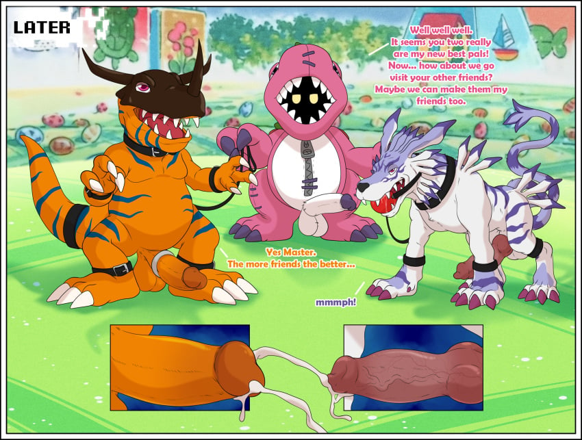 accessory anthro ball_gag balls bandai_namco black_border bodily_fluids border ceratosaur ceratosaurid ceratosaurus cock_ring collar comic cum dialogue digimon digimon_(species) ejaculation english_text erection extyrannomon feral gag garurumon genital_fluids genitals greymon group half-closed_eyes hands-free hi_res humanoid_genitalia humanoid_penis hypnosis jewelry knot leash male male/male master mind_control narrowed_eyes orgasm penis penis_accessory penis_jewelry saggy_balls shadowpelt text zipper