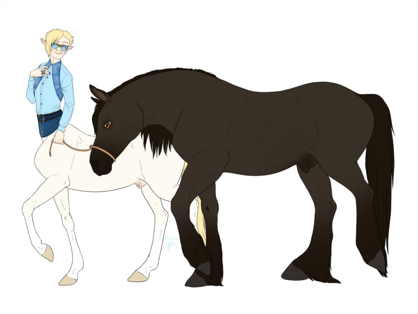 4:3 alistair_(kevira065) animal_genitalia animal_genitalia_on_humanoid belt blonde_hair centaur clothing duo equid equid_taur equine eyewear feral feral_on_taur fully_sheathed genitals glasses hair horse horsecock_on_humanoid humanoid_taur kevira065 male male/male mammal mammal_taur rope sheath shirt simple_background taur topwear vest white_background