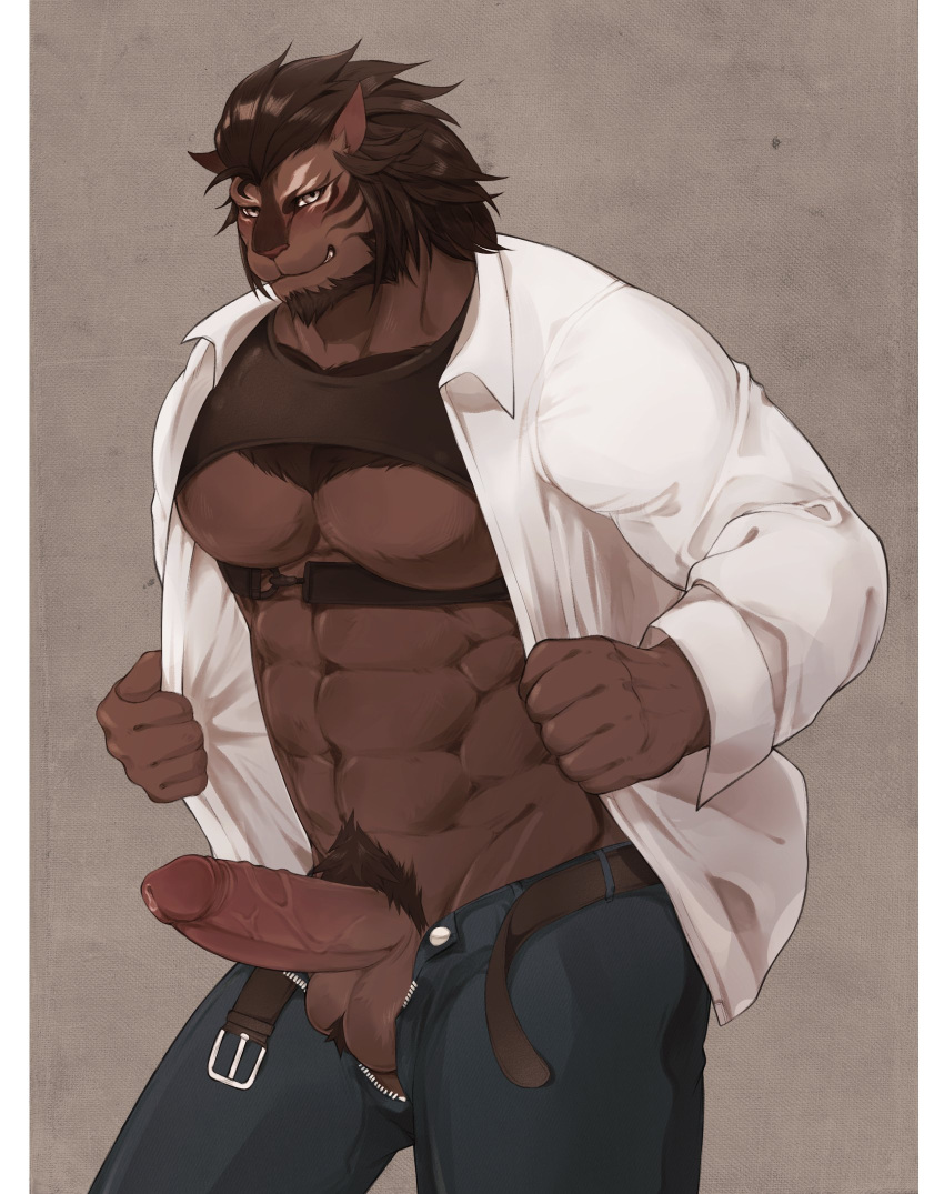 2020 abs adkt anthro ball_tuft balls beard belt big_penis bottomwear brown_body brown_fur brown_hair clothed clothing erection facial_hair felid final_fantasy final_fantasy_xiv fur genitals grin hair hi_res hrothgar humanoid_genitalia humanoid_penis looking_at_viewer male male_only mammal muscular muscular_anthro muscular_male open_bottomwear open_clothing open_pants open_shirt open_topwear pants pants_down partially_clothed pecs penis portrait presenting presenting_penis pubes shirt smile solo square_enix standing three-quarter_portrait topwear tuft vein veiny_penis video_games