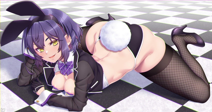 animal_ears ass breasts bunny_ears bunny_tail female gloves high_heels highres large_breasts nipple_slip nipples original osafune_kairi playboy_bunny purple_hair rabbit_ears rabbit_girl rabbit_tail short_hair signature spread_legs striped striped_legwear tail thighhighs wrist_cuffs wristwear yellow_eyes