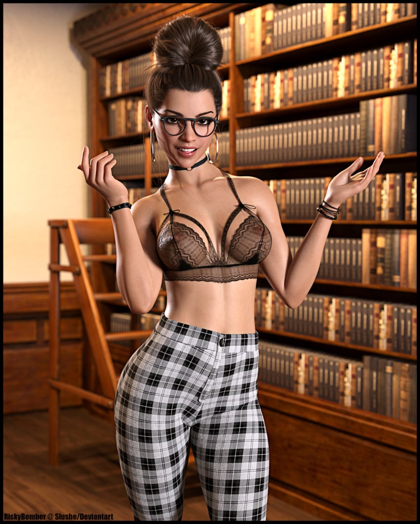 1girls 3d bra choker clothed clothing earrings female female_only high_heels hoop_earrings indoors large_breasts library looking_at_viewer pants pinup plaid_pants riskybomber slushe_(website) smile solo solo_female standing