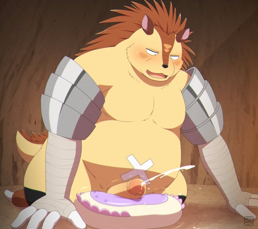 2021 anthro bandage belly black_nose blush bodily_fluids brown_body cum ejaculation eulipotyphlan genital_fluids genitals hedgehog hi_res humanoid_genitalia humanoid_penis inside kemono majiro_the_hedgehog male mammal masturbation moobs overweight overweight_male penis penta002 pillow sleepy_princess_in_the_demon_castle solo