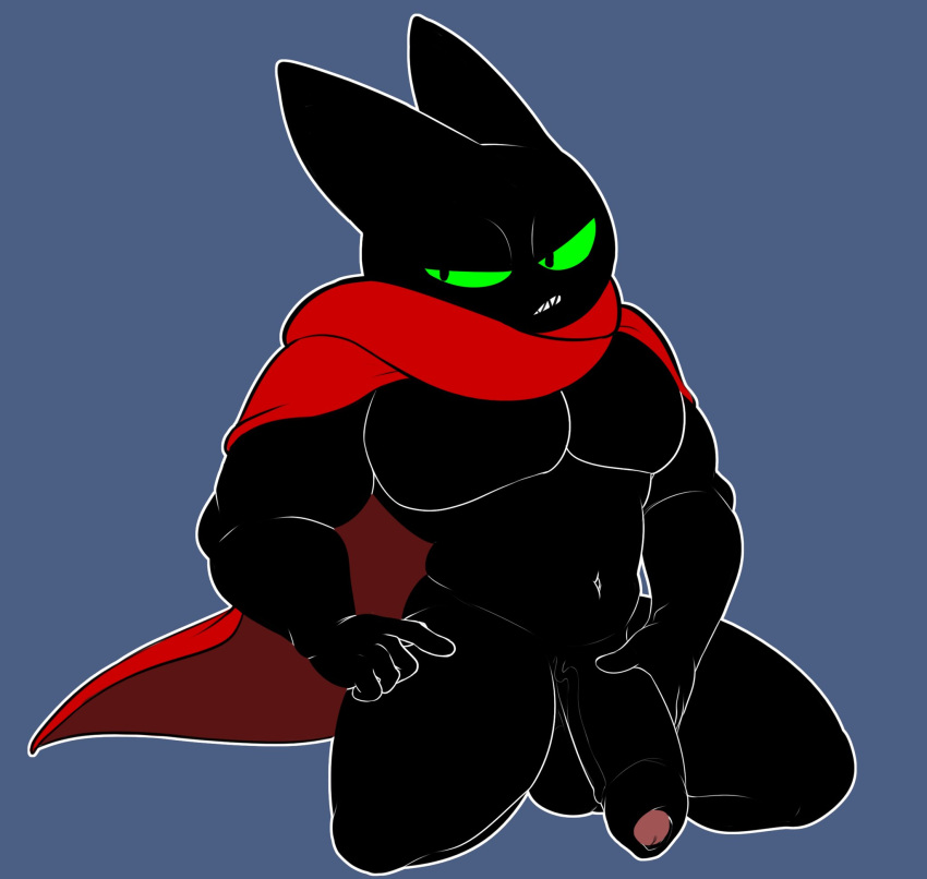 anthro balls black_body black_fur cape cartoon_network clothing domestic_cat felid feline felis flaccid foreskin fur genitals green_eyes hi_res male male_only mammal mao_mao:_heroes_of_pure_heart muscular muscular_anthro muscular_male navel palchamon pecs penis red_clothing sheriff_mao_mao_mao solo