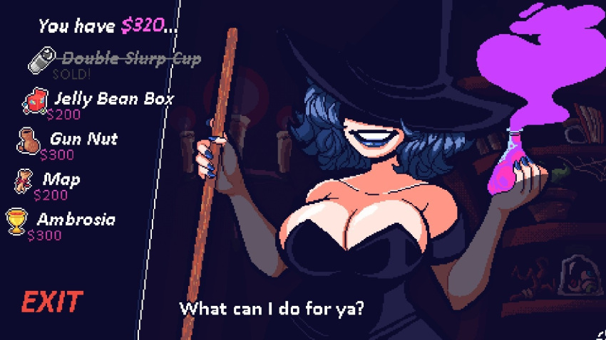 1girls big_cleavage big_lips big_lips_no_eyes black_clothes black_lipstick breasts cleavage clothed cordelia_valentine dead_estate dress female_only game_cg game_screenshot grinning huge_breasts no_eyes pixel_art screencap smile smiling strapless strapless_dress tagme witch_hat