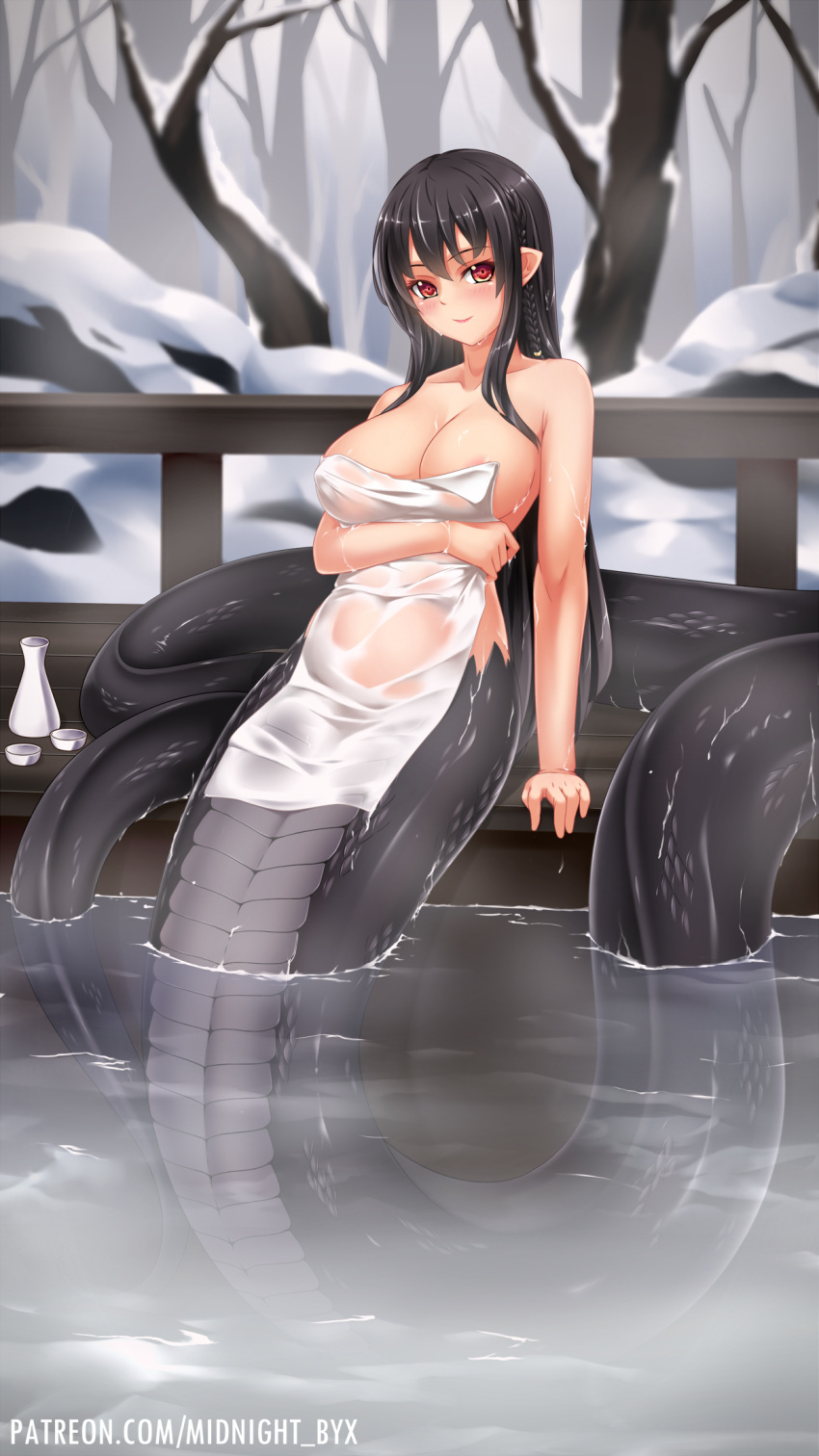 arm_under_breasts bangs blush braid breasts choko_(cup) covering cup eyebrows_visible_through_hair female female highres lamia large_breasts looking_at_viewer midnight_(banyex) monster_girl nude nude_cover onsen original partially_submerged patreon_username pointy_ears red_eyes scales solo tokkuri water watermark web_address wet