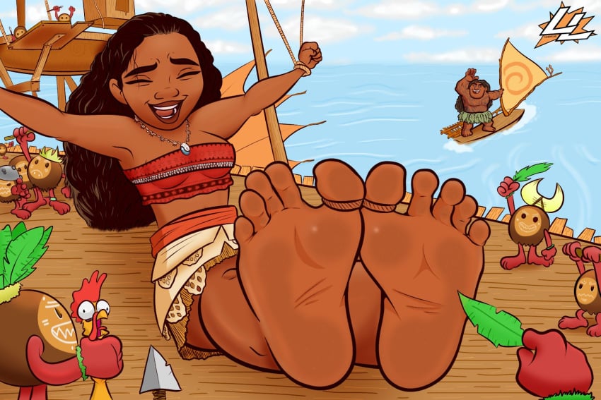 barefoot bound brown_eyes closed_eyes curly_hair disney disney_princess feet foot_fetish foot_focus foot_tickling laughing lazzylad maui moana moana_waialiki pacific_islander soles tan_skin teasing tickle_torture tickling