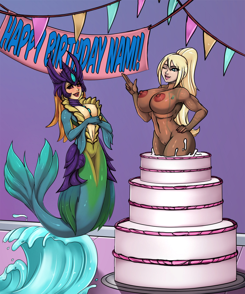 2021 alternate_version_available banner birthday birthday_cake commission eirhjien female_only league_of_legends marai mermaid metroid nami_(league_of_legends) pop_out_cake samus_aran