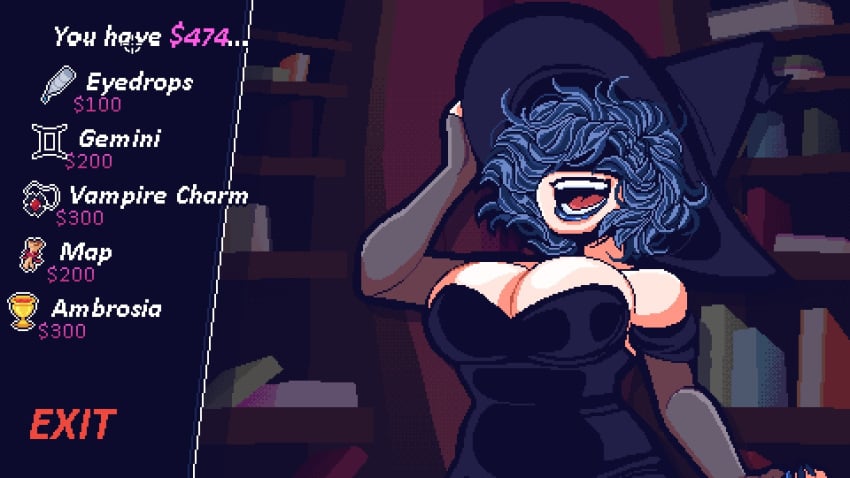 1girls big_breasts blue_hair blue_lipstick cleavage cordelia_valentine covered_eyes dead_estate dress female_only fingerless_gloves game_cg game_screenshot gameplay_mechanics hat large_breasts official_art open_mouth pixel_art screencap solo solo_female strapless_dress witch witch_hat