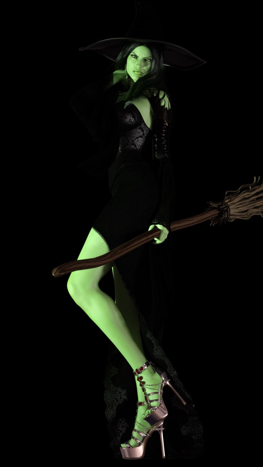 1girls black_dress broom clothed clothing dangerouslines dress female female_only green_body green_skin high_heels large_breasts long_hair looking_at_viewer pinup side_view simple_background slushe_(website) solo solo_female the_wizard_of_oz wicked witch_hat