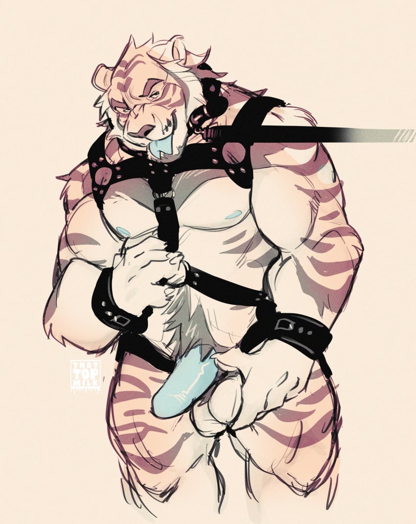 absurd_res anthro balls beard bearlyfeline bedroom_eyes biceps blue_penis body_hair bondage brown_stripes collar facial_hair felid fingernails forked_tongue fur genitals happy_trail harness hi_res holding_balls leash male mammal musclegut muscular muscular_anthro muscular_male nails narrowed_eyes nipples nude open_mouth pantherine pecs penis pubes quads seductive simple_background smile solo striped_body striped_fur stripes tan_body tan_fur tiger tongue tongue_out wrist_cuff