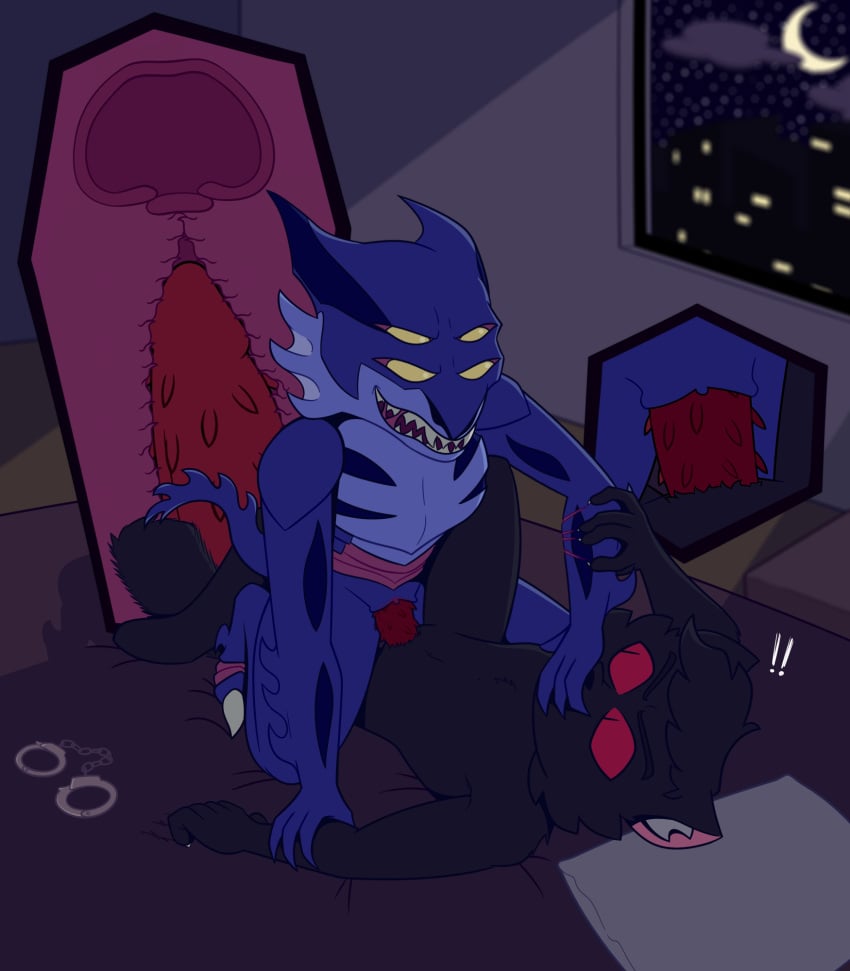 alien alien_humanoid anthro asuri_(brawlhalla) brawlhalla covered_mouth cowgirl_position domestic_cat duo felid feline felis female forced from_front_position genitals handcuffs hi_res humanoid male male/female mammal night on_bottom on_top penile_spines penis red_eyes restraints saulolsand sex shackles takkun_(takkun7635)