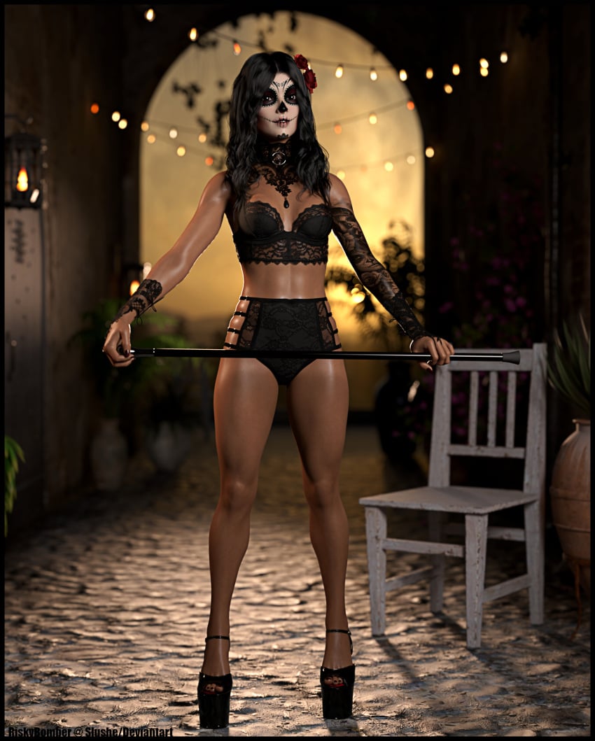 1girls 3d arm_tattoo black_hair bustier city_background curly_hair dark-skinned_female dark_skin dia_de_los_muertos female female_only high_heels lingerie long_hair looking_at_viewer medium_breasts outdoor outdoors outside pinup public riskybomber skull skull_face skull_face_paint slushe_(website) small_breasts solo solo_female standing street sugar_skull tattoo