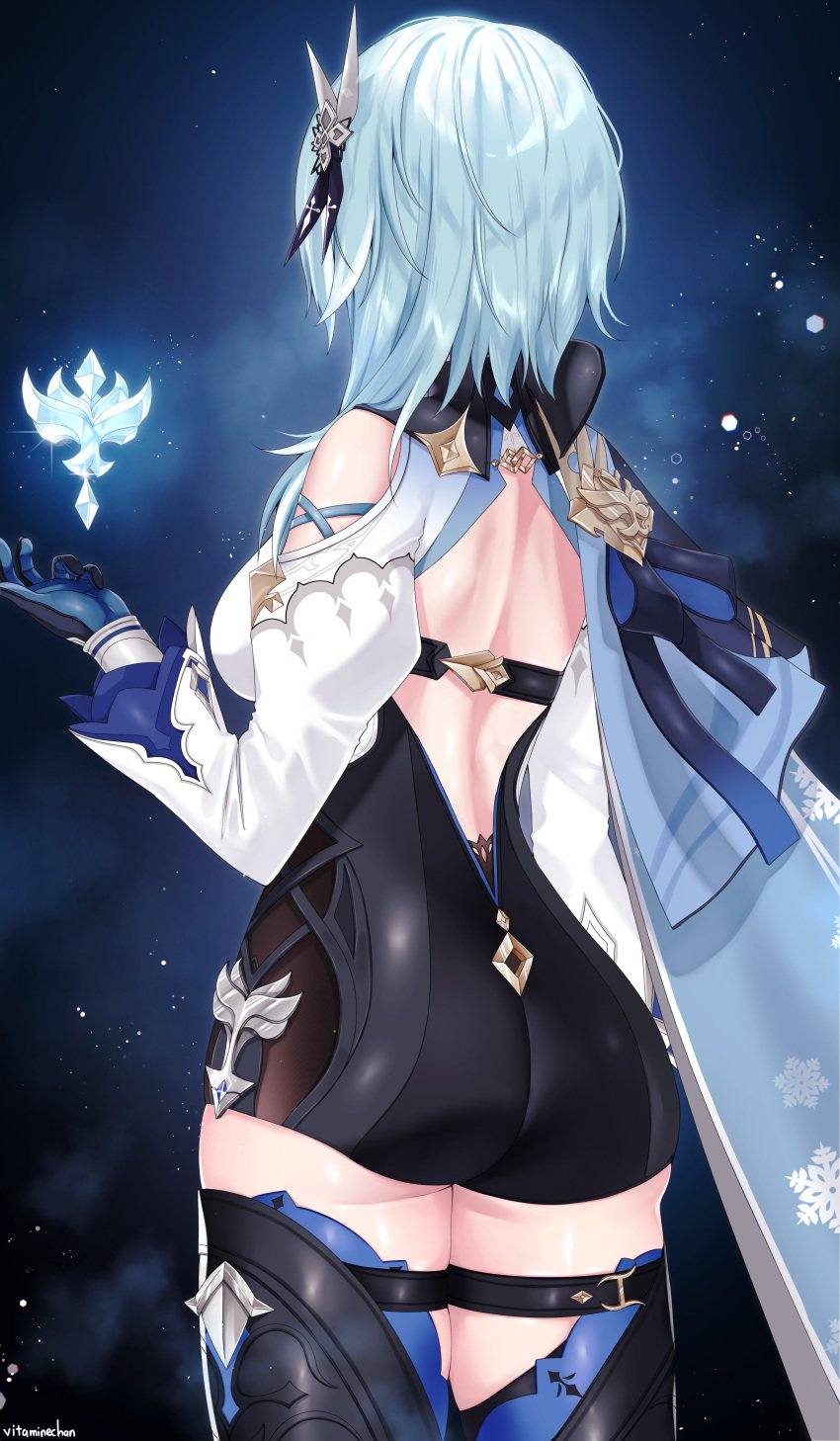 arm_at_side ass backless_outfit black_legwear blue_background blue_hair blue_ribbon breasts cape clothing_cutout cowboy_shot cross-laced_clothes eula_(genshin_impact) facing_away female floating floating_object from_behind genshin_impact glint hair_ornament ice large_breasts leotard long_sleeves medium_breasts medium_hair ribbon shoulder_cutout snowflake_print solo thigh_strap thighhighs vitaminechan