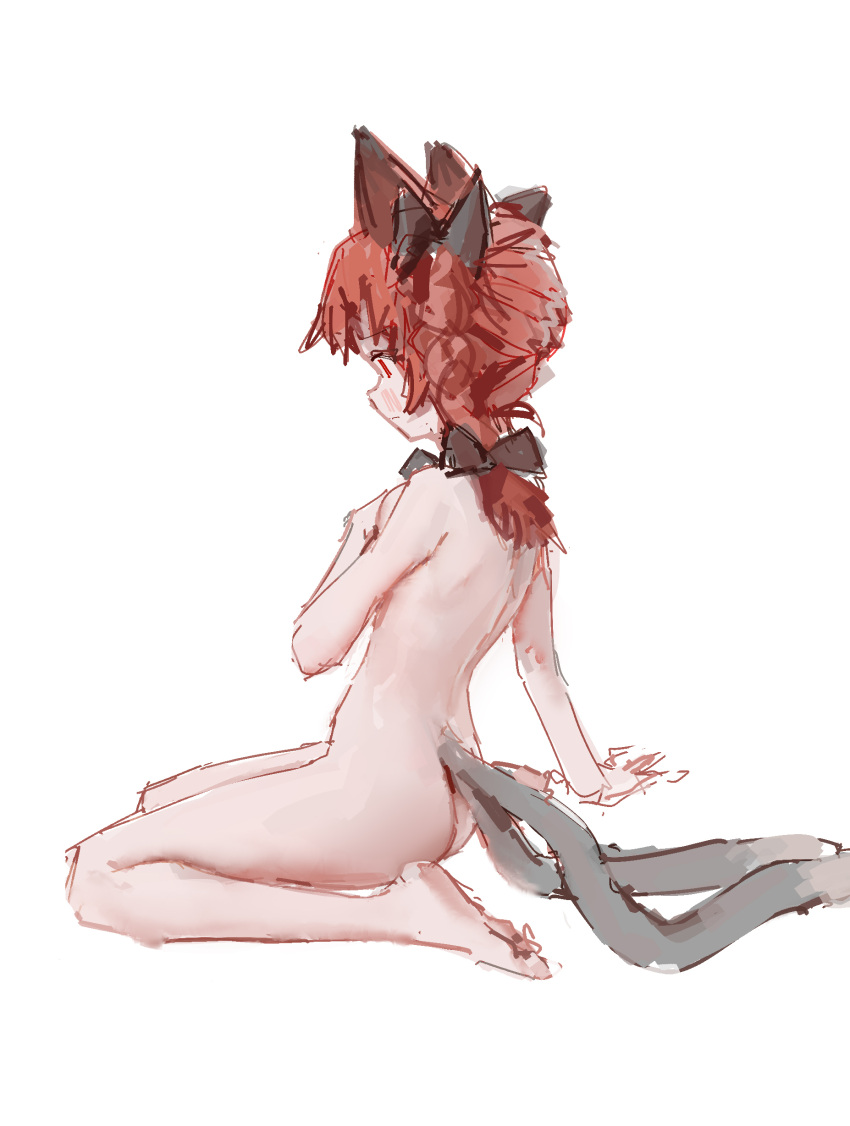 absurdres animal_ears blush bow braid cat_ears cat_tail covering covering_chest female hand_on_own_chest highres looking_down multiple_tails nekomata nude red_eyes red_hair reddizen rin_kaenbyou seiza sitting sketch solo tail touhou twin_braids white_background yokozuwari