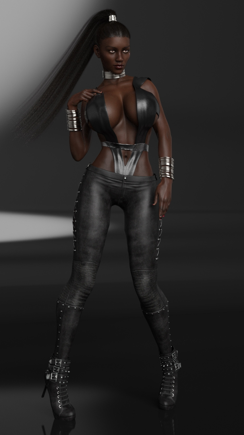 1girls 3d dangerouslines dark-skinned_female dark_skin female female_only huge_breasts long_hair pinup ponytail simple_background slushe_(website) solo solo_female tagme terror_volt_(dangerouslines) wide_hips