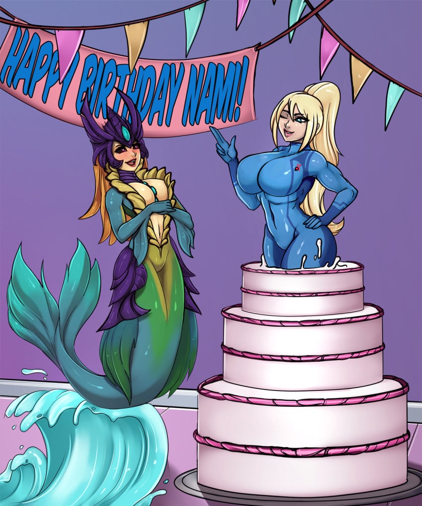 2021 alternate_version_available banner birthday birthday_cake commission crossover eirhjien female_only league_of_legends marai mermaid metroid nami_(league_of_legends) pop_out_cake samus_aran zero_suit zero_suit_samus